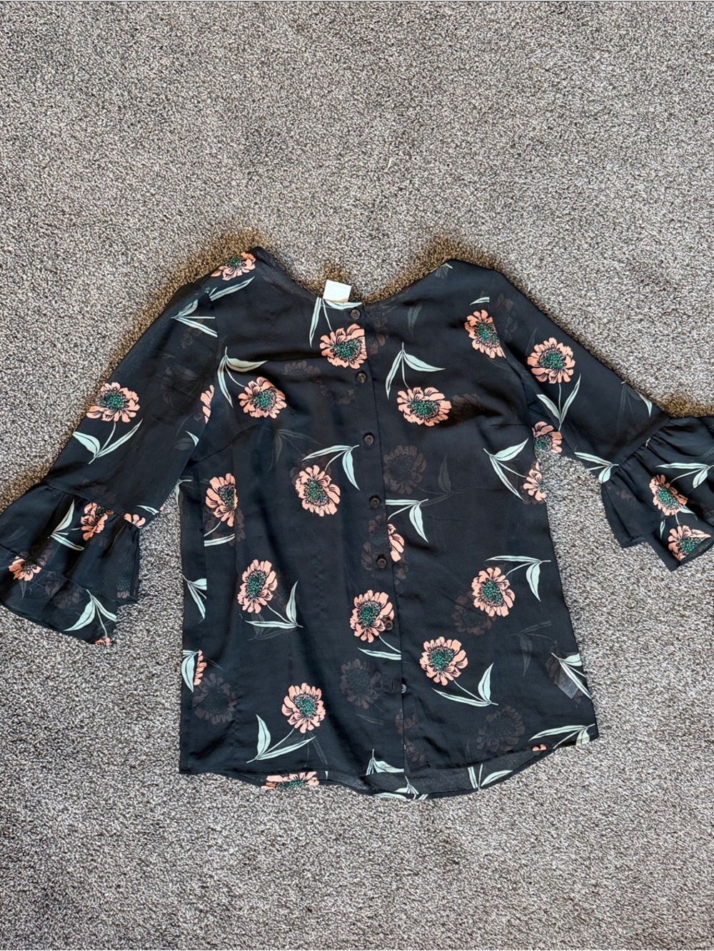 CAbi Black Floral Button-Front Blouse with Peach Blooms